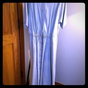 Denim maxi dress, short sleeves and button front.